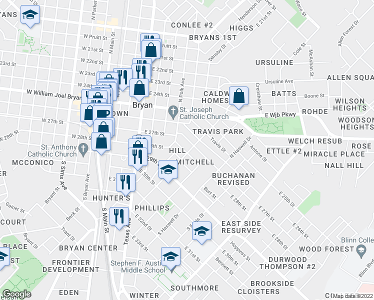 map of restaurants, bars, coffee shops, grocery stores, and more near 1401 South Baker Avenue in Bryan