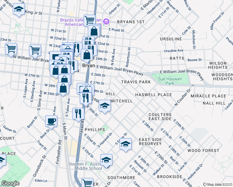 map of restaurants, bars, coffee shops, grocery stores, and more near 1401 South Baker Avenue in Bryan
