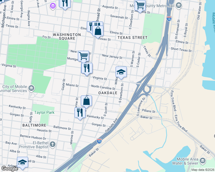 map of restaurants, bars, coffee shops, grocery stores, and more near 810 South Scott Street in Mobile