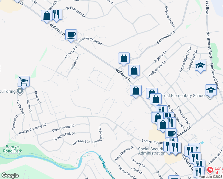 map of restaurants, bars, coffee shops, grocery stores, and more near 304 Axis Loop in Georgetown