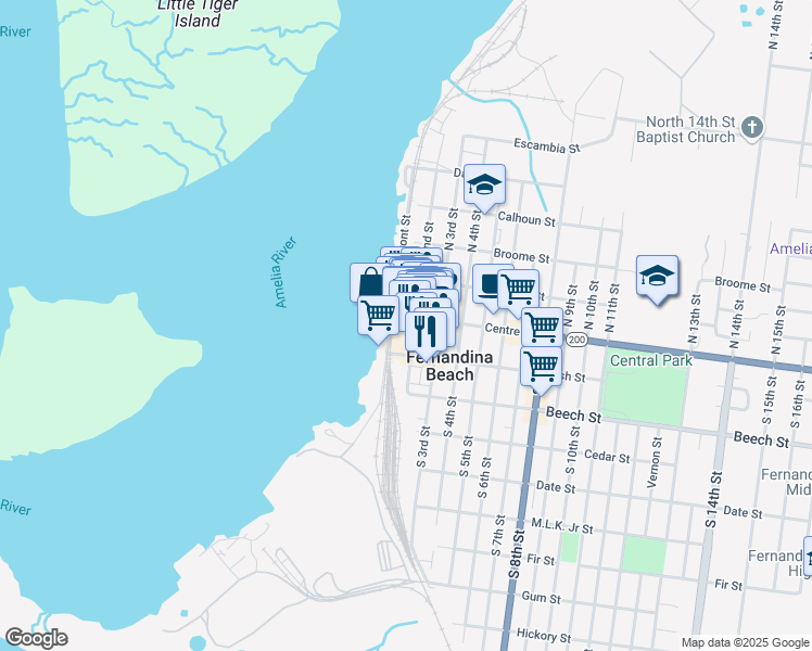 map of restaurants, bars, coffee shops, grocery stores, and more near 235 South Front Street in Fernandina Beach