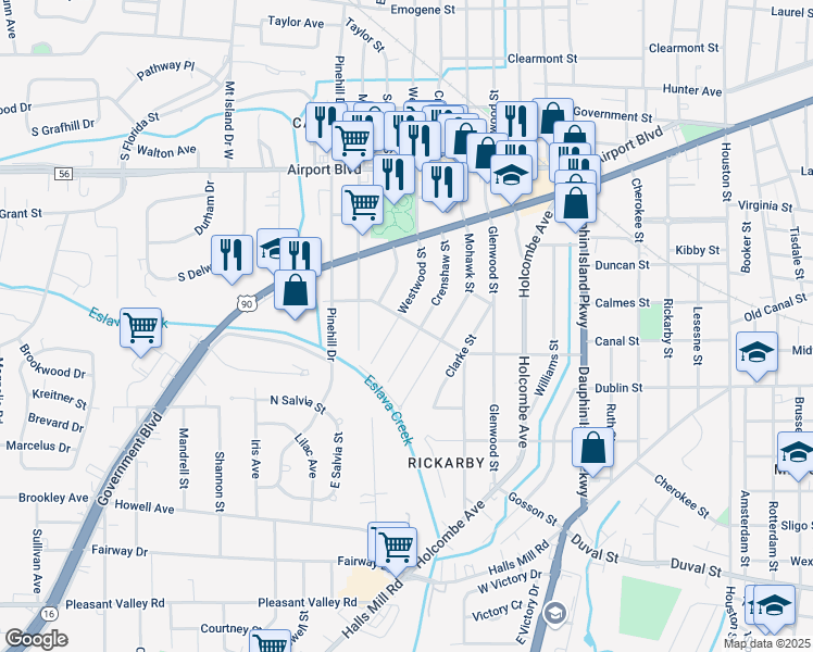 map of restaurants, bars, coffee shops, grocery stores, and more near 605 Crenshaw Street in Mobile