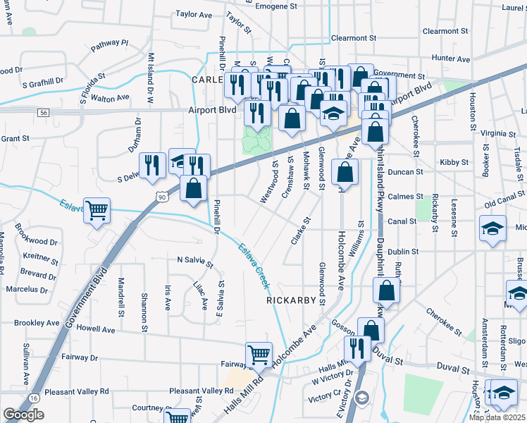 map of restaurants, bars, coffee shops, grocery stores, and more near 605 Crenshaw Street in Mobile