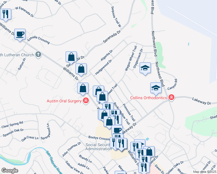 map of restaurants, bars, coffee shops, grocery stores, and more near 301 Wagon Wheel Trail in Georgetown