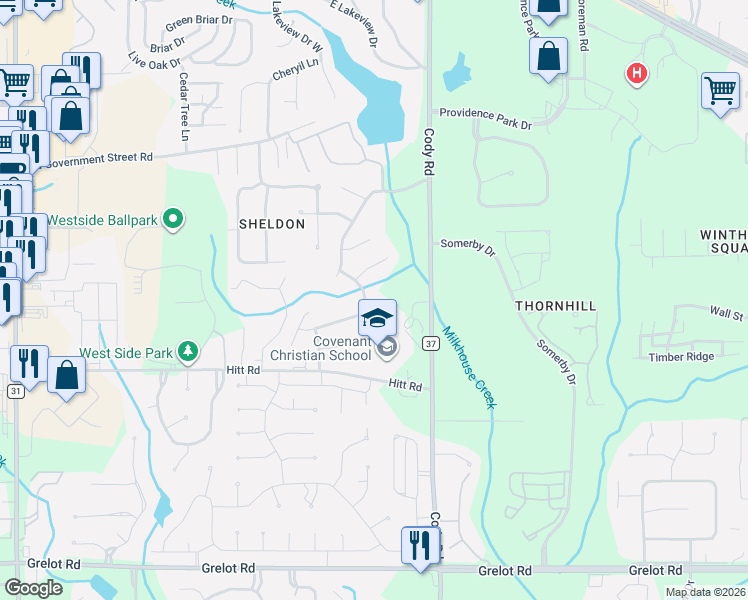 map of restaurants, bars, coffee shops, grocery stores, and more near 7211 Lakewood Road in Mobile