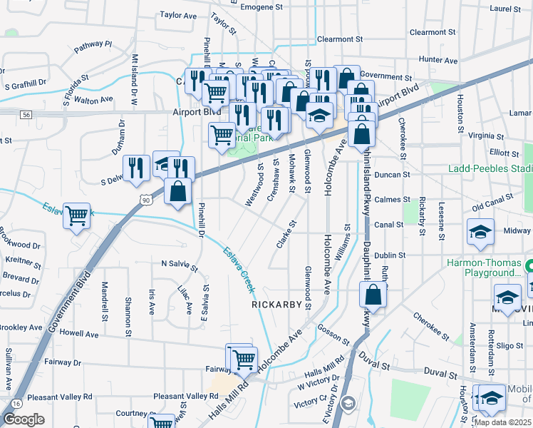map of restaurants, bars, coffee shops, grocery stores, and more near 575 Crenshaw Street in Mobile