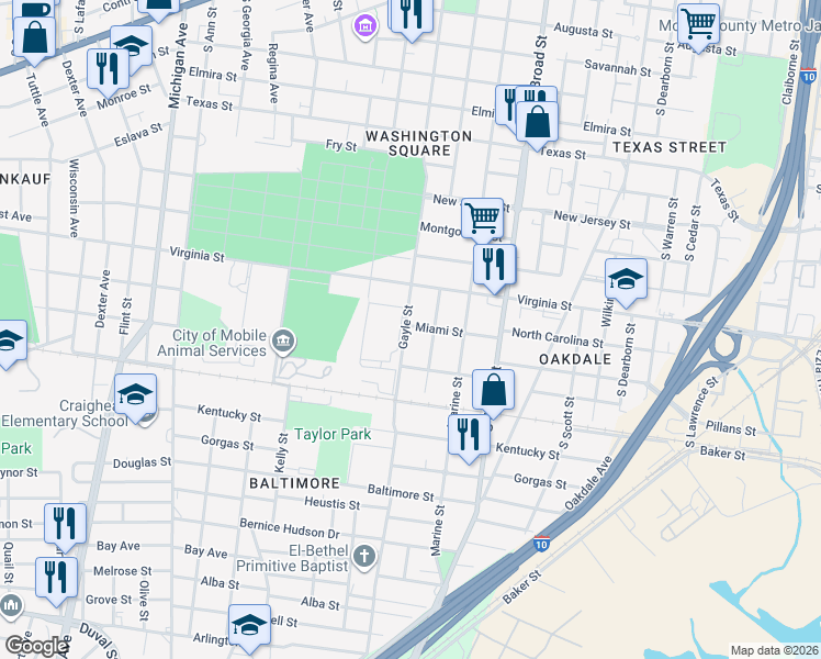 map of restaurants, bars, coffee shops, grocery stores, and more near 807 Gayle Street in Mobile