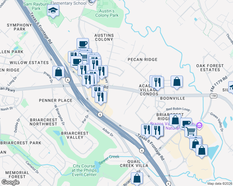 map of restaurants, bars, coffee shops, grocery stores, and more near 2422 Boonville Road in Bryan