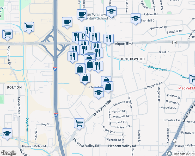 map of restaurants, bars, coffee shops, grocery stores, and more near 3150 Joe Treadwell Drive in Mobile