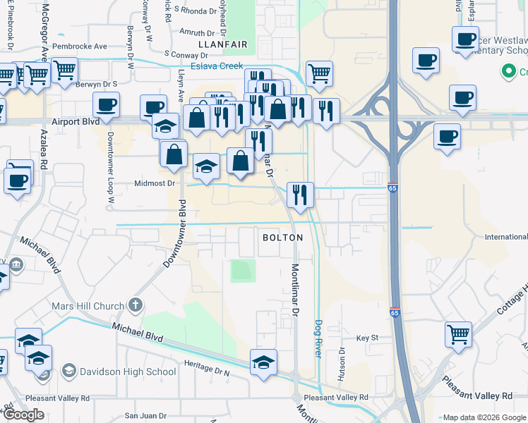 map of restaurants, bars, coffee shops, grocery stores, and more near 900 Montlimar Drive in Mobile
