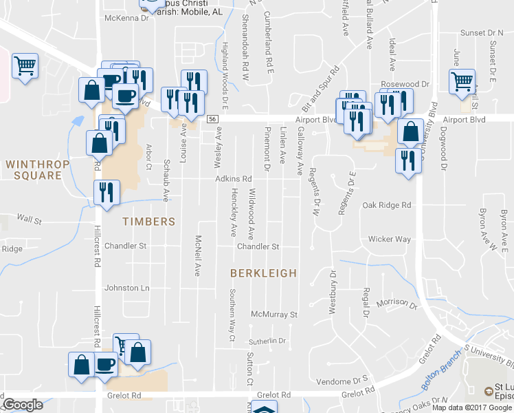 map of restaurants, bars, coffee shops, grocery stores, and more near 907 Wildwood Avenue in Mobile