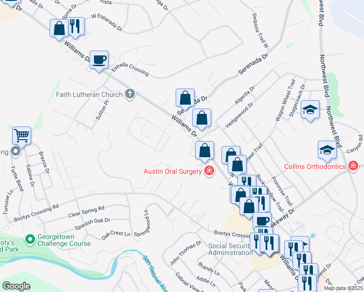 map of restaurants, bars, coffee shops, grocery stores, and more near 332 Axis Loop in Georgetown