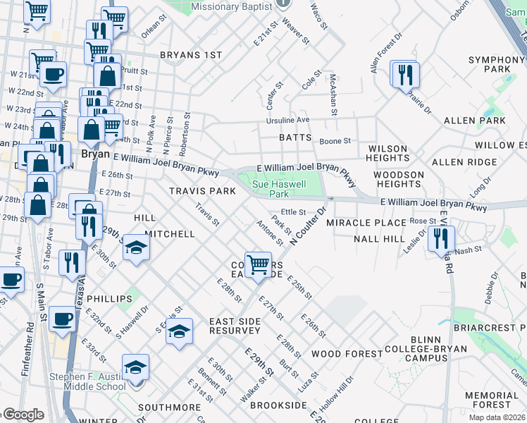 map of restaurants, bars, coffee shops, grocery stores, and more near 1201 East William Joel Bryan Parkway in Bryan