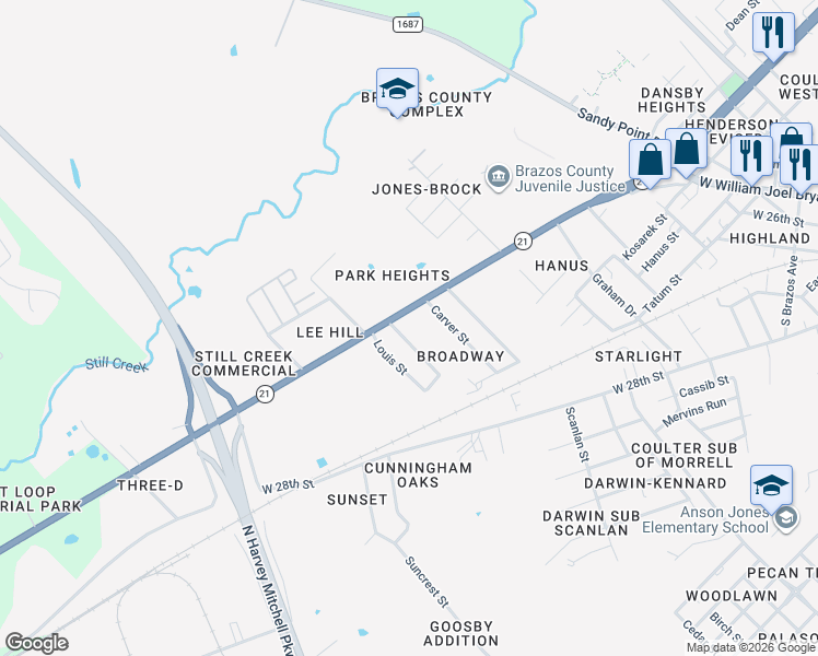 map of restaurants, bars, coffee shops, grocery stores, and more near 2312 West State Highway 21 in Bryan