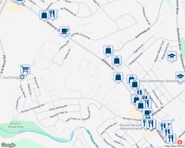 map of restaurants, bars, coffee shops, grocery stores, and more near 103 Axis Loop in Georgetown