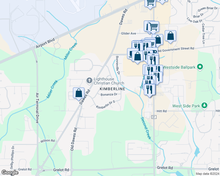 map of restaurants, bars, coffee shops, grocery stores, and more near 8071 Kimberlin Court in Mobile