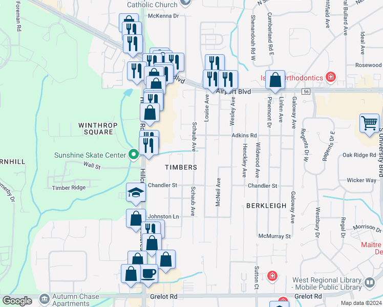 map of restaurants, bars, coffee shops, grocery stores, and more near 904 Schaub Avenue in Mobile