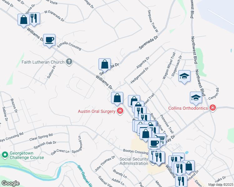 map of restaurants, bars, coffee shops, grocery stores, and more near 3727 Williams Dr in Georgetown