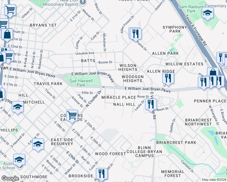map of restaurants, bars, coffee shops, grocery stores, and more near 1565 East William Joel Bryan Parkway in Bryan