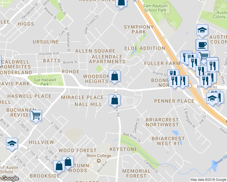 map of restaurants, bars, coffee shops, grocery stores, and more near 1913 East William J Bryan Parkway in Bryan