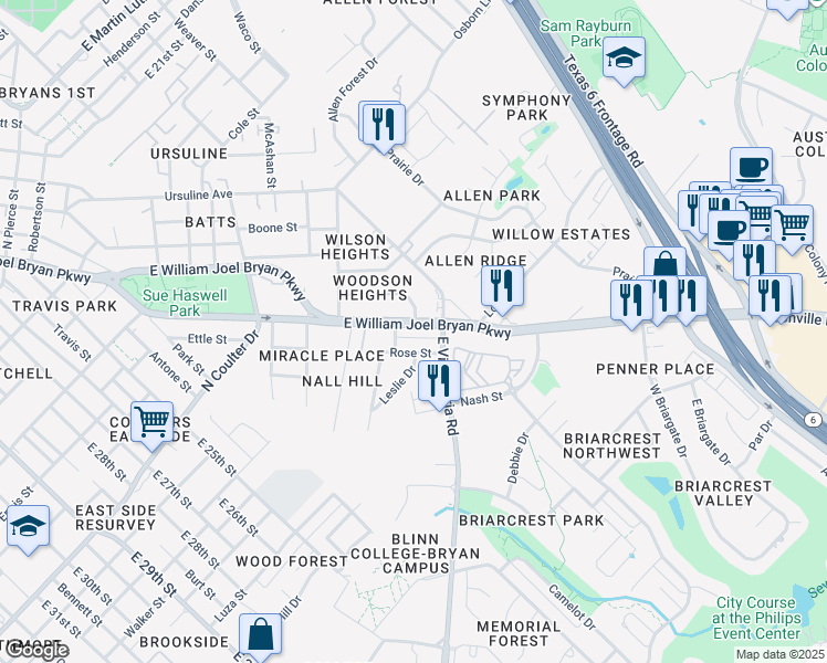 map of restaurants, bars, coffee shops, grocery stores, and more near 1732 Dillon Avenue in Bryan