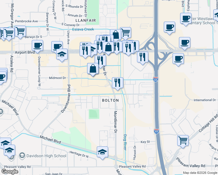 map of restaurants, bars, coffee shops, grocery stores, and more near 950 Montlimar Drive in Mobile