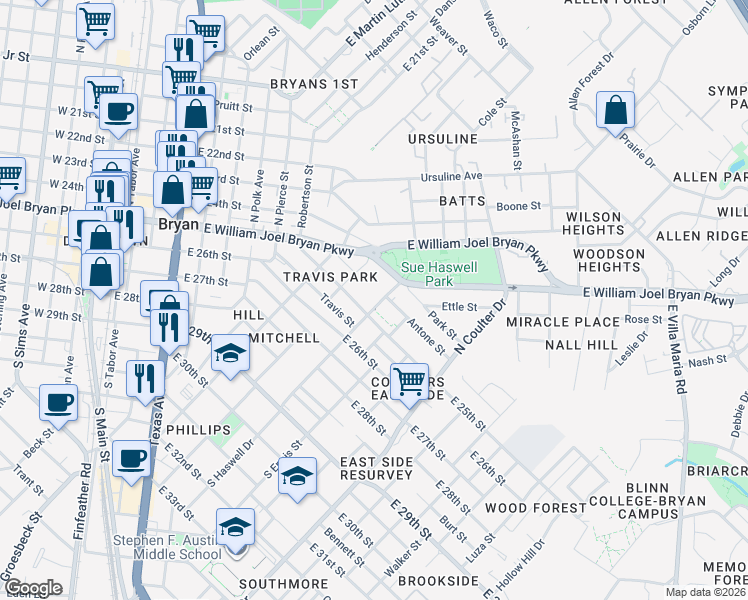 map of restaurants, bars, coffee shops, grocery stores, and more near 310 North Haswell Drive in Bryan