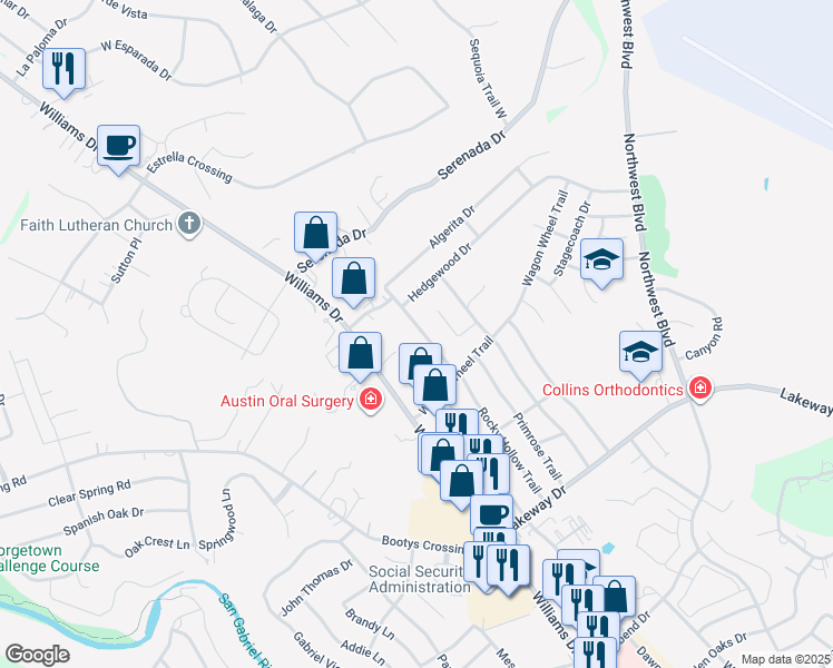map of restaurants, bars, coffee shops, grocery stores, and more near 3702 Rocky Hollow Trail in Georgetown