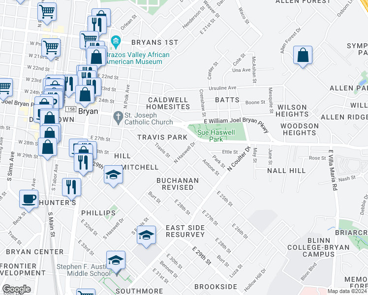 map of restaurants, bars, coffee shops, grocery stores, and more near 310 North Haswell Drive in Bryan