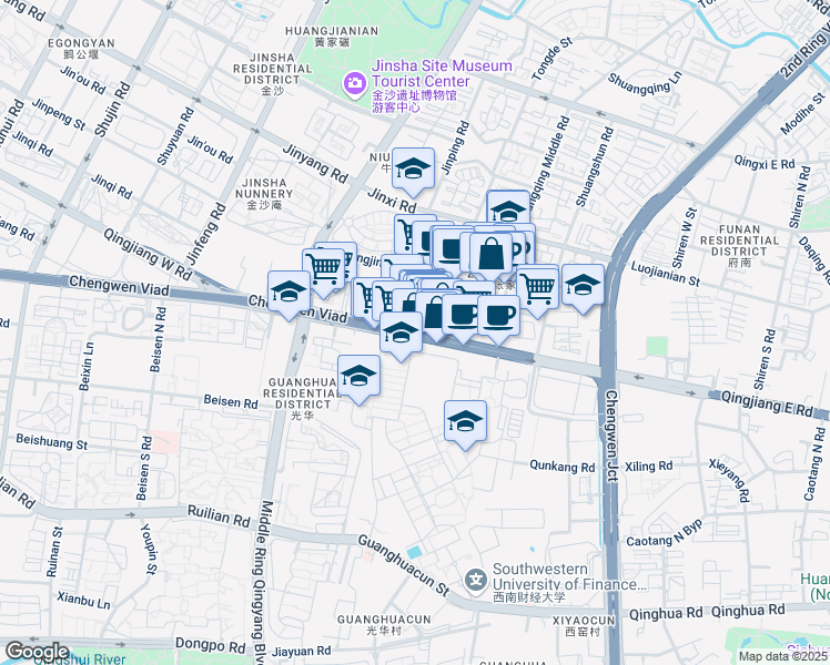 map of restaurants, bars, coffee shops, grocery stores, and more near Qing Jiang Zhong Lu in Cheng Du Shi