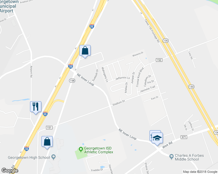 map of restaurants, bars, coffee shops, grocery stores, and more near 126 Evergreen Circle in Georgetown