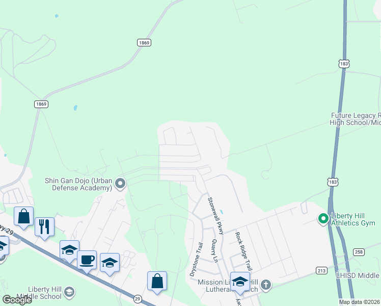 map of restaurants, bars, coffee shops, grocery stores, and more near 500 Long Run in Liberty Hill