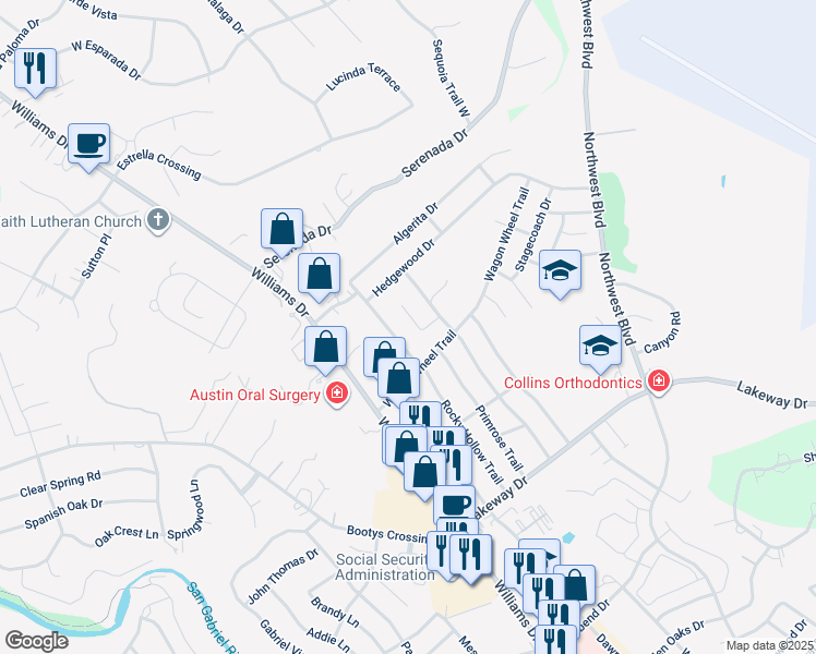 map of restaurants, bars, coffee shops, grocery stores, and more near 112 Verna Spur in Georgetown