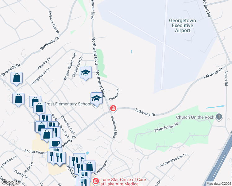 map of restaurants, bars, coffee shops, grocery stores, and more near 120 Canyon Road in Georgetown