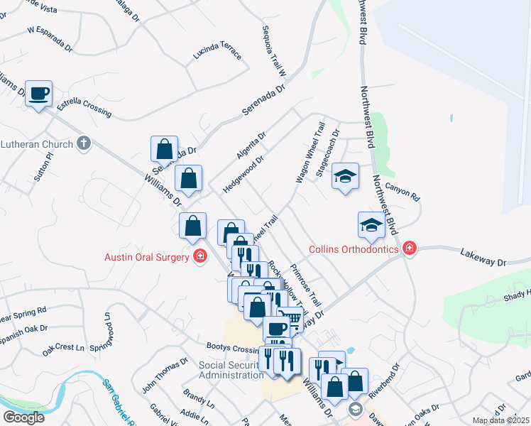 map of restaurants, bars, coffee shops, grocery stores, and more near 3502 Buffalo Springs Trail in Georgetown