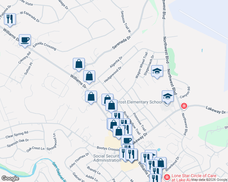 map of restaurants, bars, coffee shops, grocery stores, and more near 111 Verna Spur in Georgetown