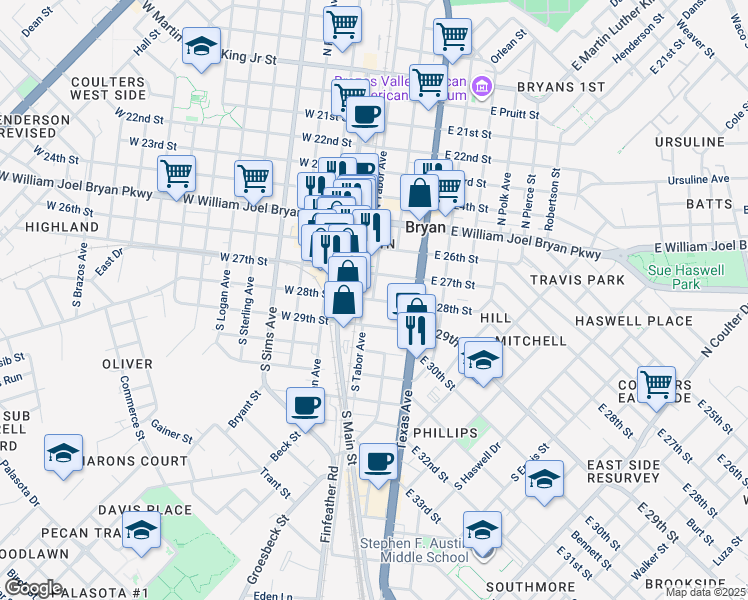 map of restaurants, bars, coffee shops, grocery stores, and more near 299 Regent Street in Bryan