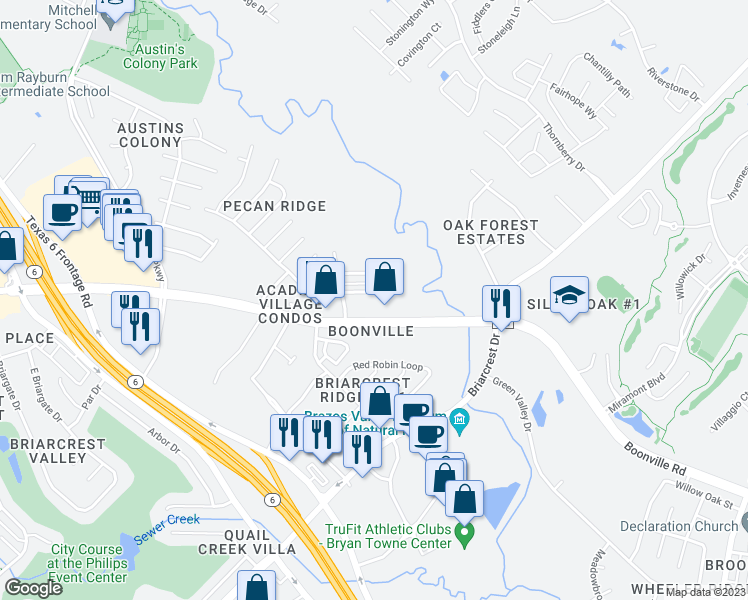 map of restaurants, bars, coffee shops, grocery stores, and more near 2610 Pecan Ridge Drive in Bryan