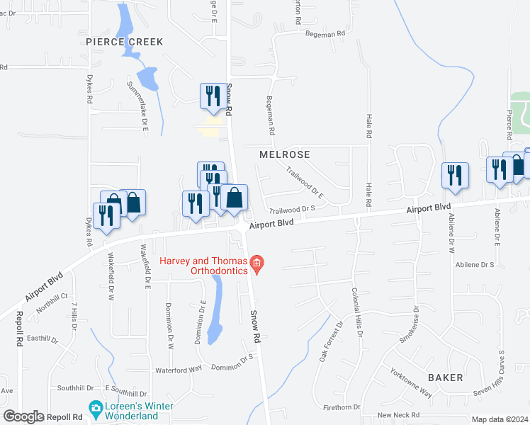 map of restaurants, bars, coffee shops, grocery stores, and more near 9821 Trailwood Drive South in Mobile