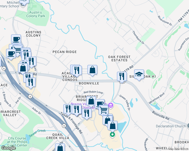 map of restaurants, bars, coffee shops, grocery stores, and more near 2618 Pecan Ridge Drive in Bryan