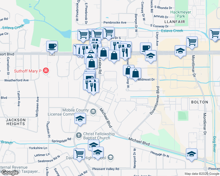 map of restaurants, bars, coffee shops, grocery stores, and more near 3800 Michael Boulevard in Mobile