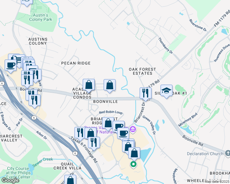 map of restaurants, bars, coffee shops, grocery stores, and more near 2622 Pecan Knoll Street in Bryan