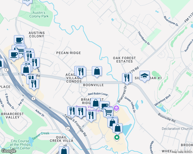 map of restaurants, bars, coffee shops, grocery stores, and more near 2613 Pecan Ridge Drive in Bryan