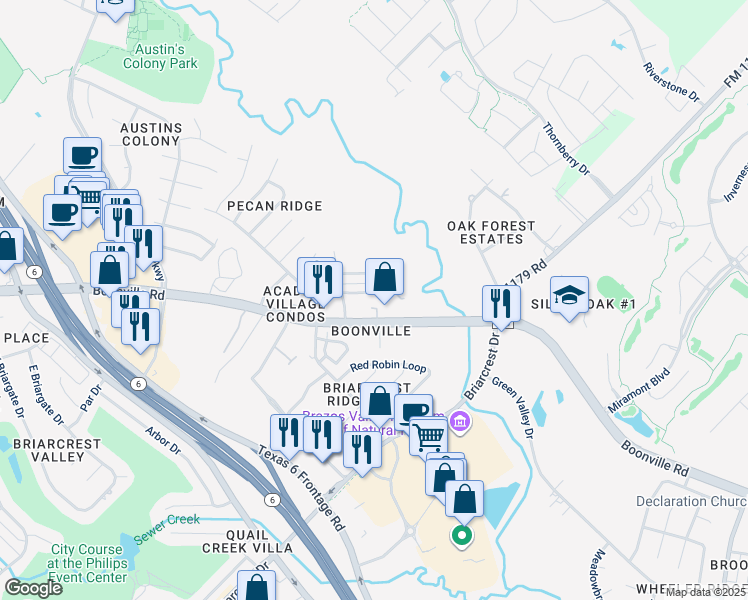 map of restaurants, bars, coffee shops, grocery stores, and more near 2613 Pecan Ridge Drive in Bryan