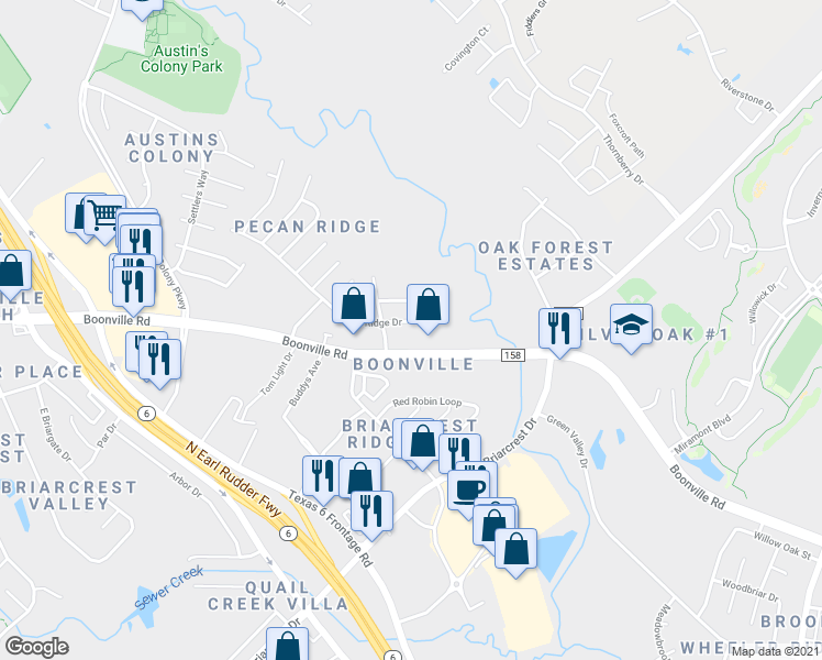 map of restaurants, bars, coffee shops, grocery stores, and more near 2613 Pecan Ridge Drive in Bryan