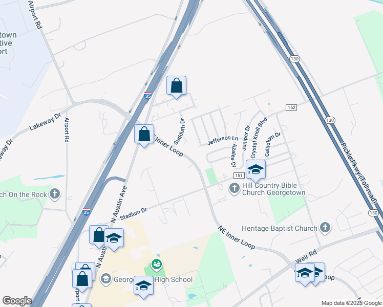 map of restaurants, bars, coffee shops, grocery stores, and more near 500 Jefferson Lane in Georgetown