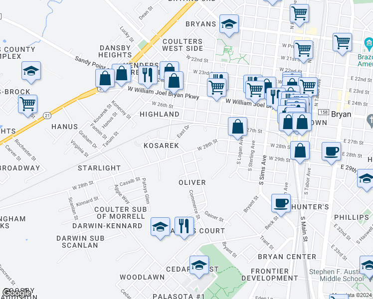 map of restaurants, bars, coffee shops, grocery stores, and more near 934 West 28th Street in Bryan