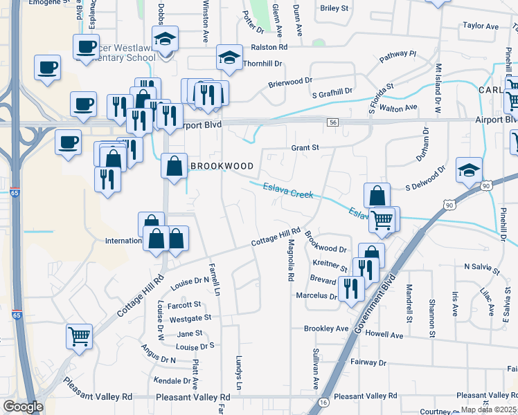 map of restaurants, bars, coffee shops, grocery stores, and more near 401 Coventry Way in Mobile