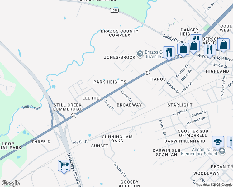 map of restaurants, bars, coffee shops, grocery stores, and more near 1603 Carver Street in Bryan