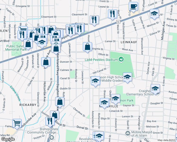map of restaurants, bars, coffee shops, grocery stores, and more near 550A Houston Street in Mobile